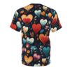 Vibrant red, orange, yellow, and blue hearts with delicate petal-like designs and leaves cover this dark t-shirt.
