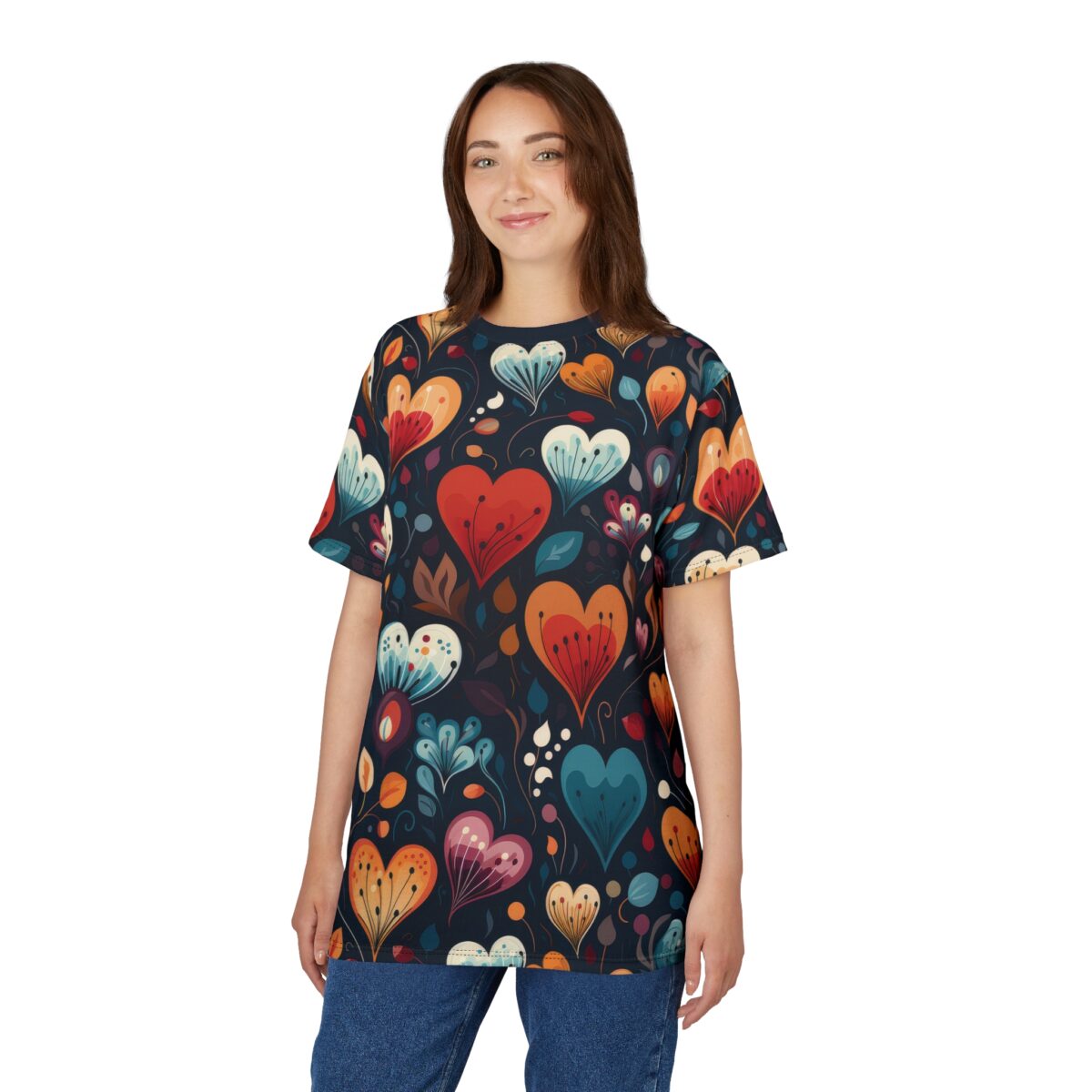 Red, orange, blue, and pink hearts with floral accents cover this full print shirt, set against a dark background.