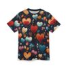 Red, orange, white, and blue hearts with flowing lines cover this all over print apparel, with floral and leaf accents on a dark background.