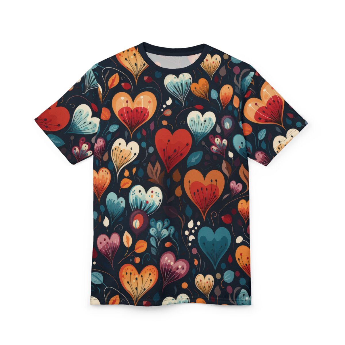 Red, orange, white, and blue hearts with flowing lines cover this all over print apparel, with floral and leaf accents on a dark background.