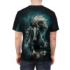 Dark horse, white mane, flowing hair, nebula background, cosmic dust, stormy clouds, dynamic action, full wrap graphic