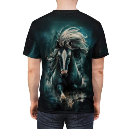 Dark horse, white mane, flowing hair, nebula background, cosmic dust, stormy clouds, dynamic action, full wrap graphic