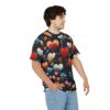 Red, orange, blue, and white abstract hearts and floral shapes cover this 3D graphic t-shirt, with dark blue background and small leaf accents.