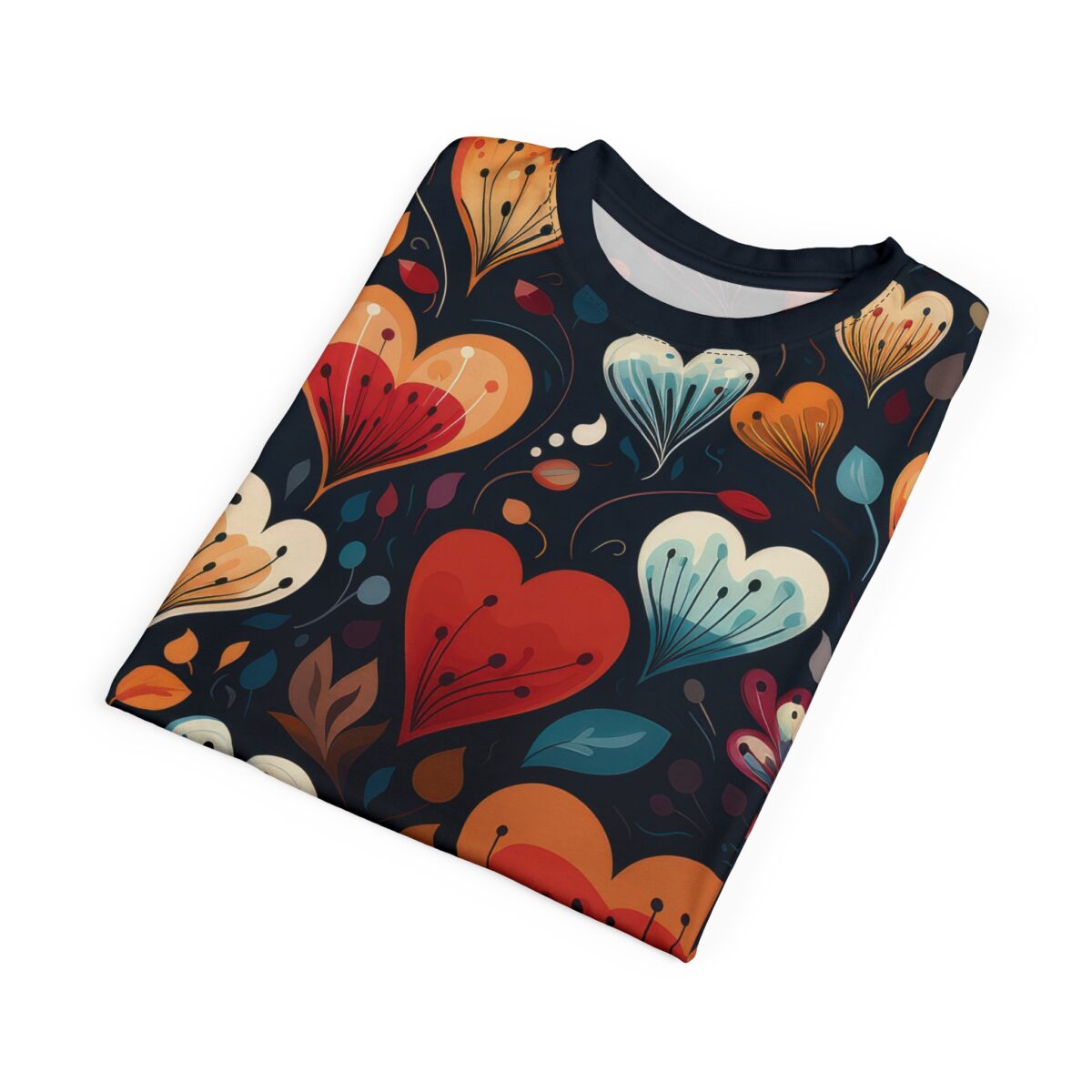 Red, orange, and blue heart shapes with floral accents on a dark background fill this all over print apparel.