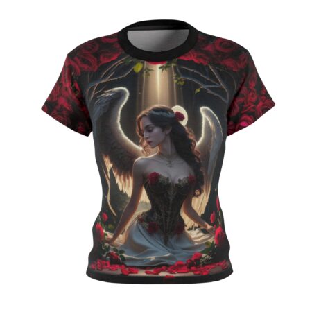 Dark romance angel graphic, intricate corset, white wings, red roses border, sublimation print, all over print.
