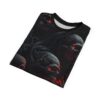 Cracked black skulls with glowing red eyes and dark tendrils cover this seamless pattern tee, depicting a haunting, macabre scene.