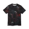 A black t-shirt with a repeating pattern of skulls with glowing red eyes and dark, twisted roots.