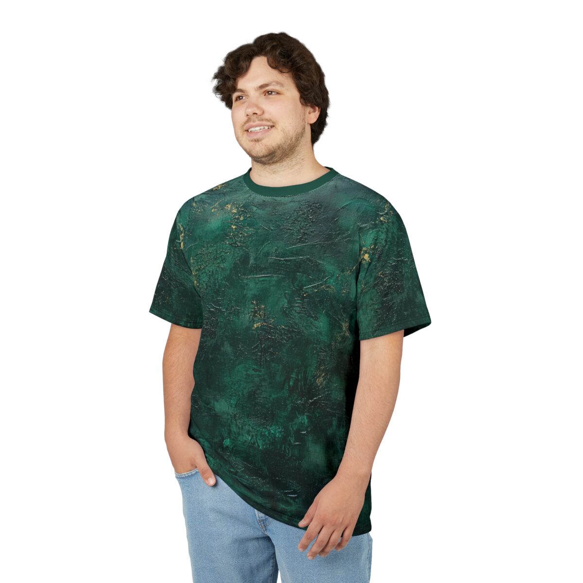 Deep emerald green t-shirt featuring a textured abstract pattern with gold accents, designed as an all over print.