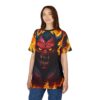 Demon face and flames all over print sublimation tee, cyber grunge streetwear aesthetic with fiery wrap around graphic.