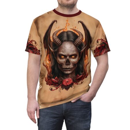 Sepia tones and crimson floral designs cover this graphic streetwear tee, featuring a demonic skull with glowing eyes and horns.