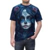 Deep blues and purples with swirling patterns and roses cover this tee, depicting a sugar skull face with intricate details.