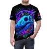 Neon blue dinosaur skull and vibrant purple and green flora cover this seamless pattern tee, with a glowing purple ring behind the skull.
