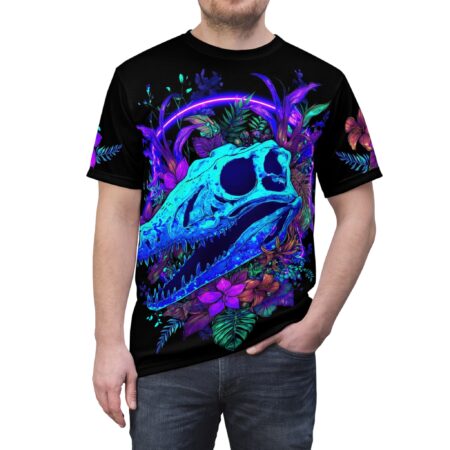 Neon blue dinosaur skull and vibrant purple and green flora cover this seamless pattern tee, with a glowing purple ring behind the skull.