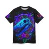 Vibrant neon blues, purples, and greens cover this 3D graphic t-shirt, depicting a dinosaur skull surrounded by lush tropical foliage.