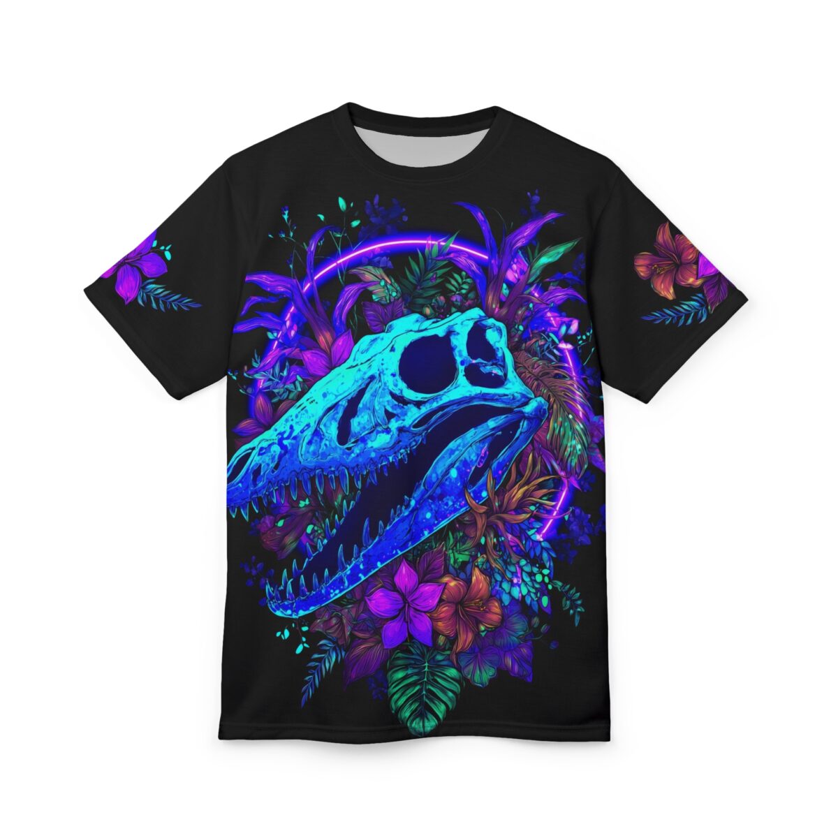 Vibrant neon blues, purples, and greens cover this 3D graphic t-shirt, depicting a dinosaur skull surrounded by lush tropical foliage.