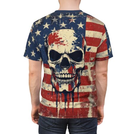 Back view of a person wearing a t-shirt with a distressed American flag and a skull graphic design.