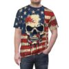 A distressed American flag t-shirt with a detailed, stylized skull design featuring red and blue paint drips. Worn by an individual.