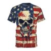 A short-sleeve T-shirt with a grunge American flag pattern and a stylized skull dripping red and blue paint.