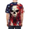 A t-shirt with a striking grunge American flag and skull design, worn by a person from the back, highlighting the detailed print.