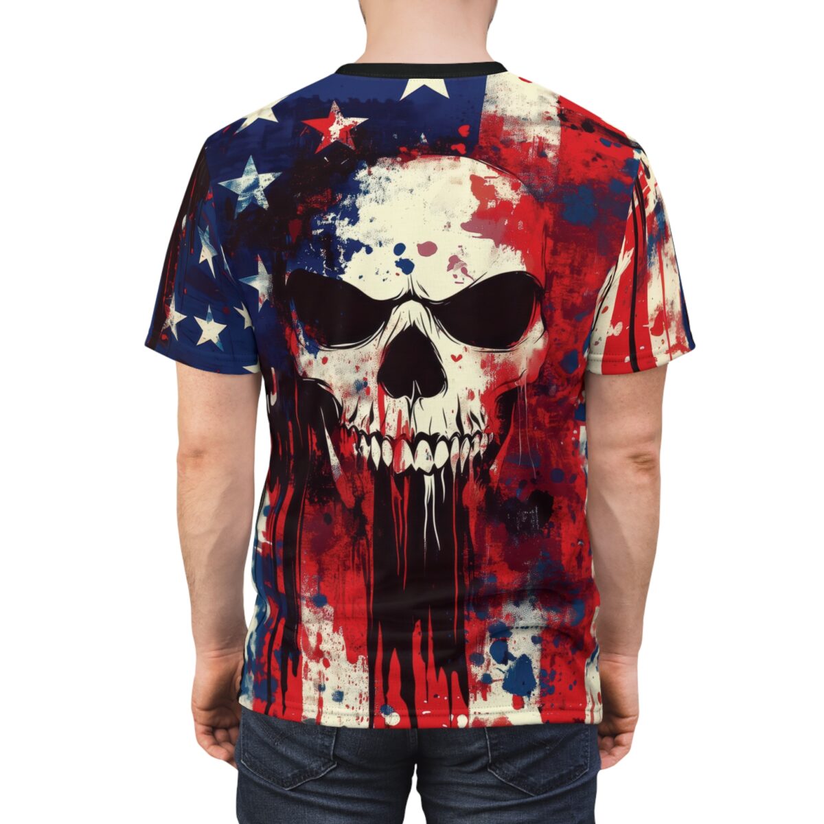 A t-shirt with a striking grunge American flag and skull design, worn by a person from the back, highlighting the detailed print.