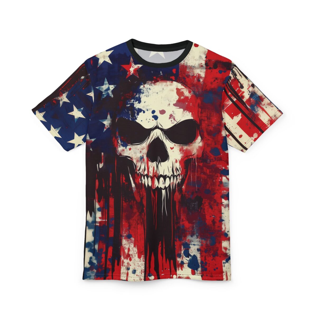 A t-shirt featuring a grunge American flag design with a stylized skull, splattered with red, white, and blue paint.