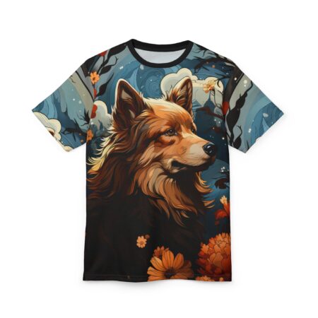 Deep blues, warm oranges, and dark foliage cover this all over print apparel, depicting a majestic wolf head with flowing fur against a moonlit, abstract forest backdrop.