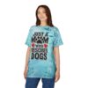 Dog rescue mom sublimation tee with 'Just a Mom Who Rescues Dogs' text and paw print graphic.