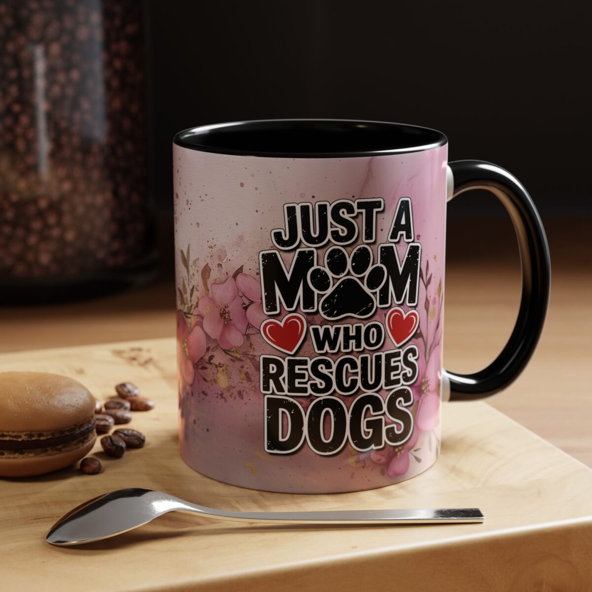 Ceramic coffee mug with 'Just a Mom Who Rescues Dogs' text and floral watercolor design, perfect dog mom gift.