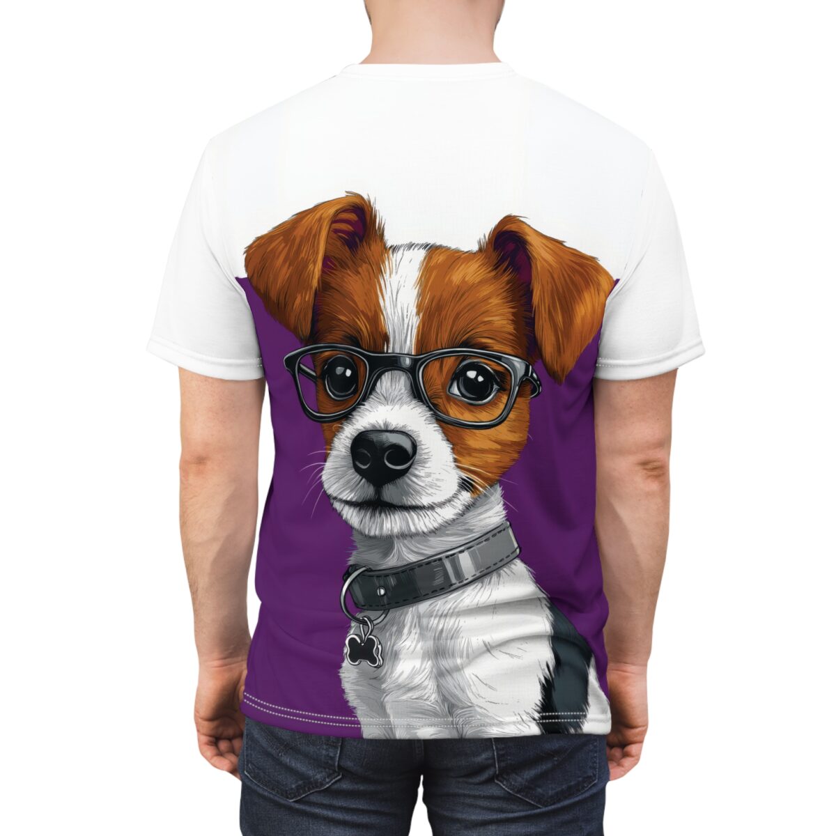 A cute dog wearing glasses and a collar is printed on a purple background covering this full print shirt.