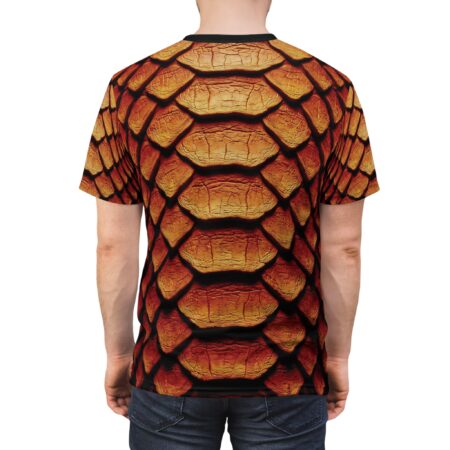 All over print t-shirt featuring a detailed dragon scale pattern in fiery orange and yellow hues.