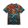 Dragon scale all over print sublimation tee featuring a seamless wrap around graphic with vibrant red, orange, blue, and green hues.