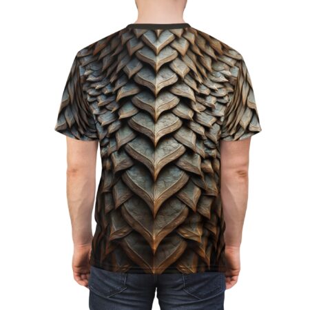 Dragon scale armor all over print sublimation tee featuring a textured metallic reptile skin design.