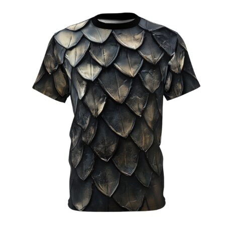 Dragon scale armor all over print sublimation tee featuring dark metallic realistic 3D scale pattern wrap around graphic.