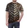 All over print t-shirt featuring a detailed dragon scale armor design in metallic bronze and grey tones.