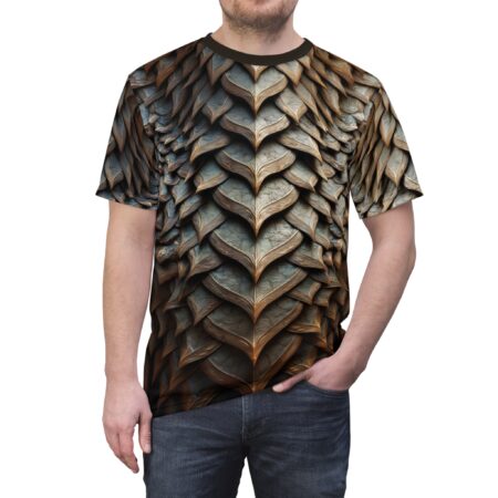 All over print t-shirt featuring a detailed dragon scale armor design in metallic bronze and grey tones.