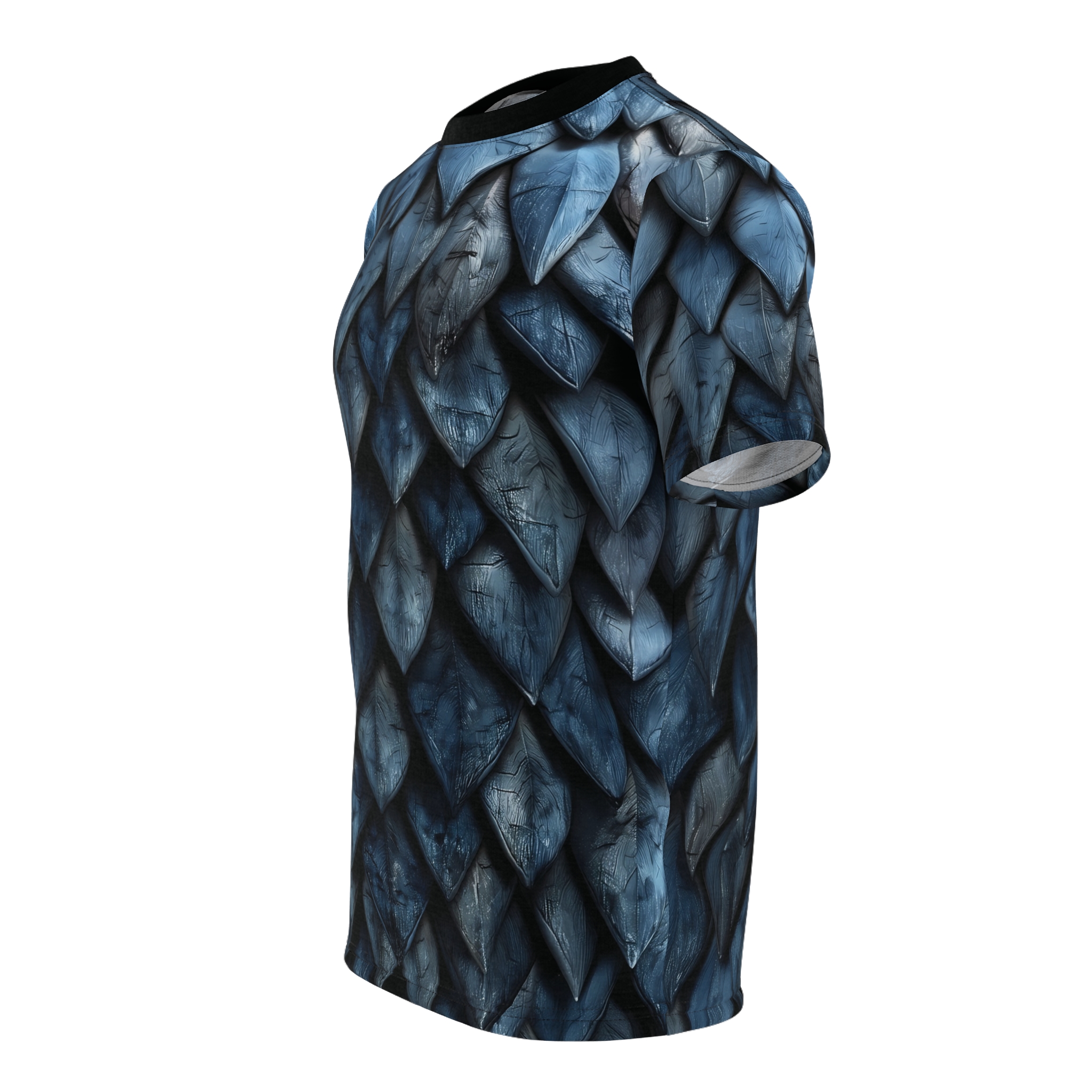 Deep blue and charcoal grey scales with textured lines cover this graphic streetwear tee with a fierce fantasy vibe.