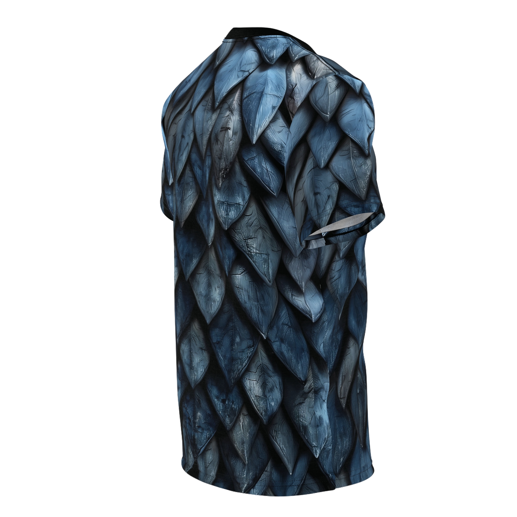 Dark blue and gray scales with textured cracks cover this sublimation graphic tee, creating a fierce armor look.
