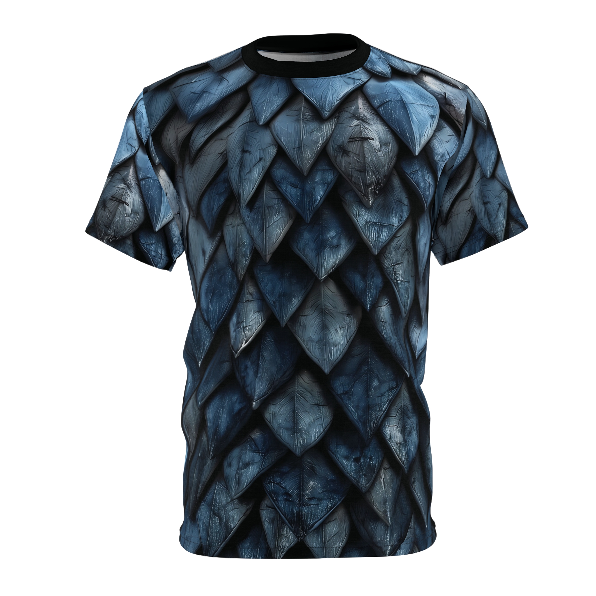 Dark blue and grey textured scales cover this oversized full print tee with a fantasy armor vibe.
