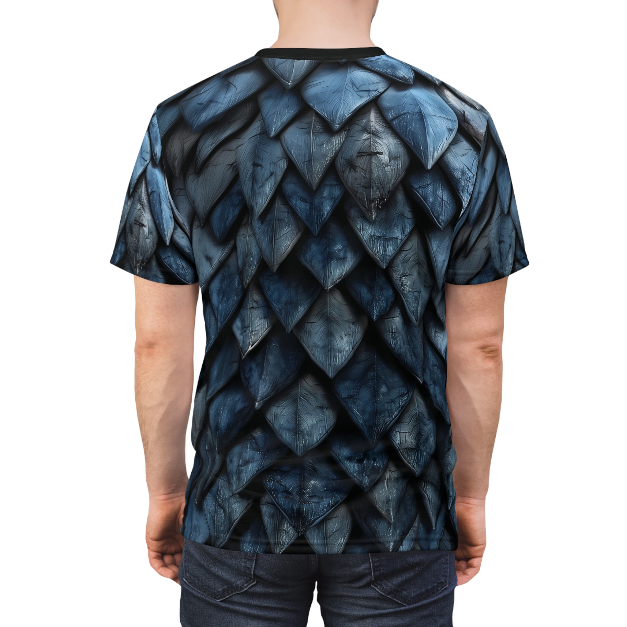 Deep blues and grays in overlapping scale patterns cover this graphic streetwear tee.
