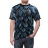 Deep blue and gray textured scales cover this all over print apparel with a fierce fantasy vibe.