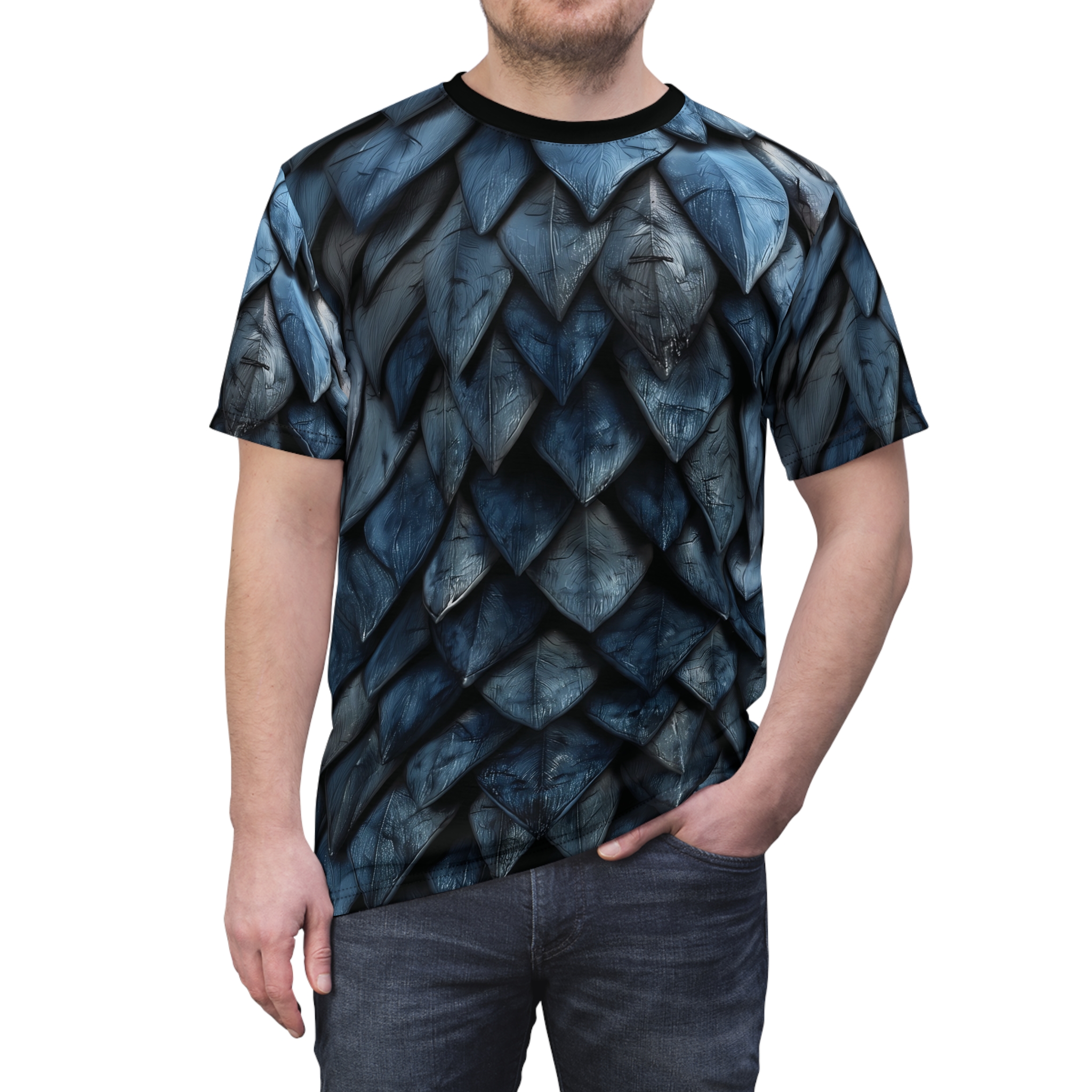 Deep blue and gray textured scales cover this all over print apparel with a fierce fantasy vibe.