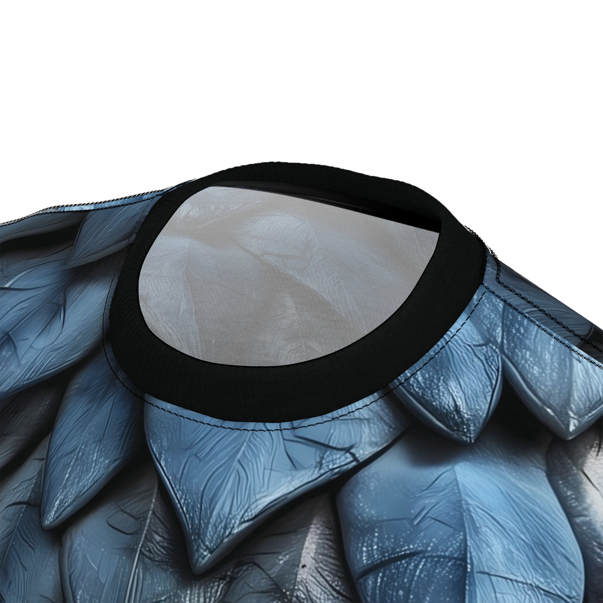 Deep blue, metallic scale patterns cover this patterned tee shirt with a fantasy vibe.