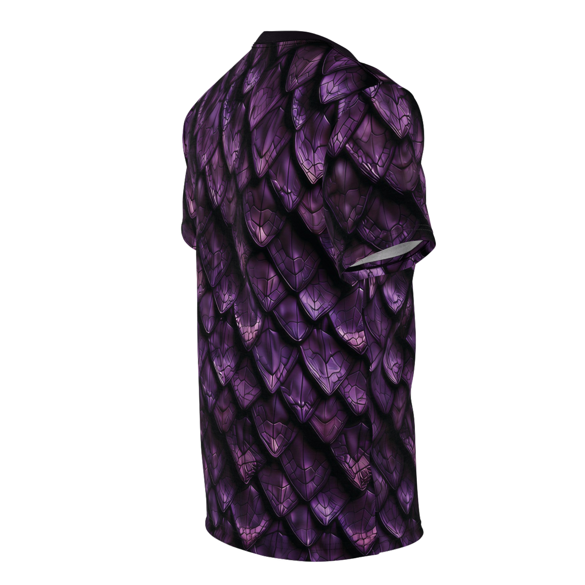 Deep purple, textured dragon scales cover this all over print t-shirt with a fierce vibe.