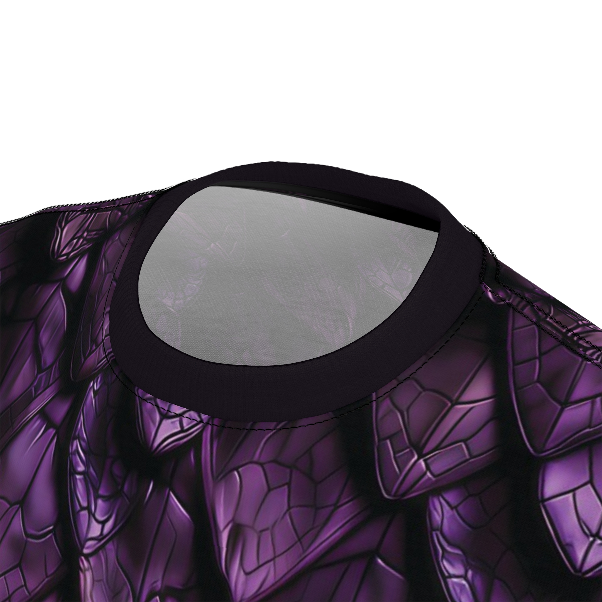 Shiny, deep purple scales with dark outlines cover this 3D graphic t-shirt with a bold, all-over print.