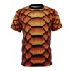 Fiery orange and dark brown textured scales cover this all over print apparel, creating a reptilian armor effect.