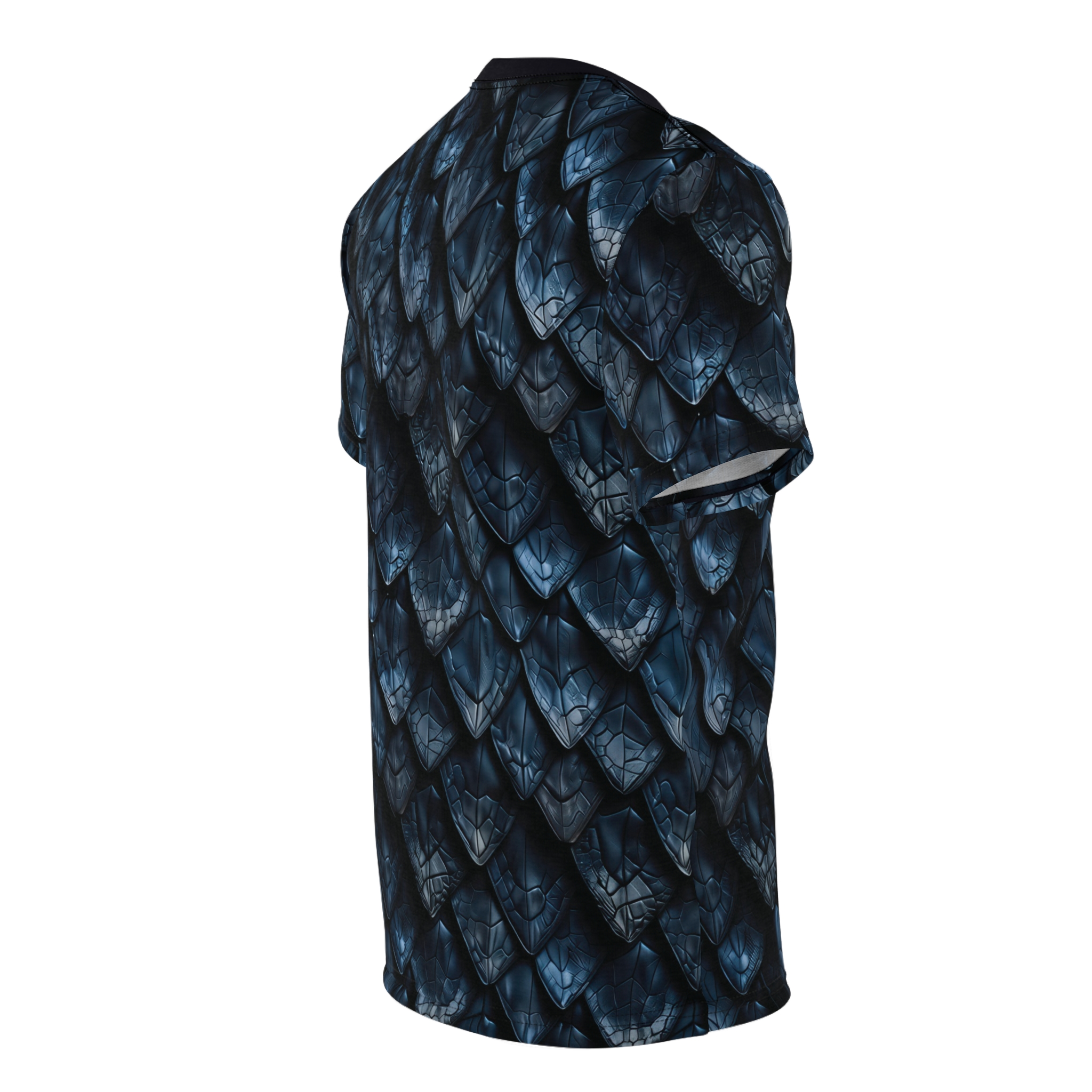 Glossy dark blue and black textured dragon scales cover this 3D graphic t-shirt with a full-body print.
