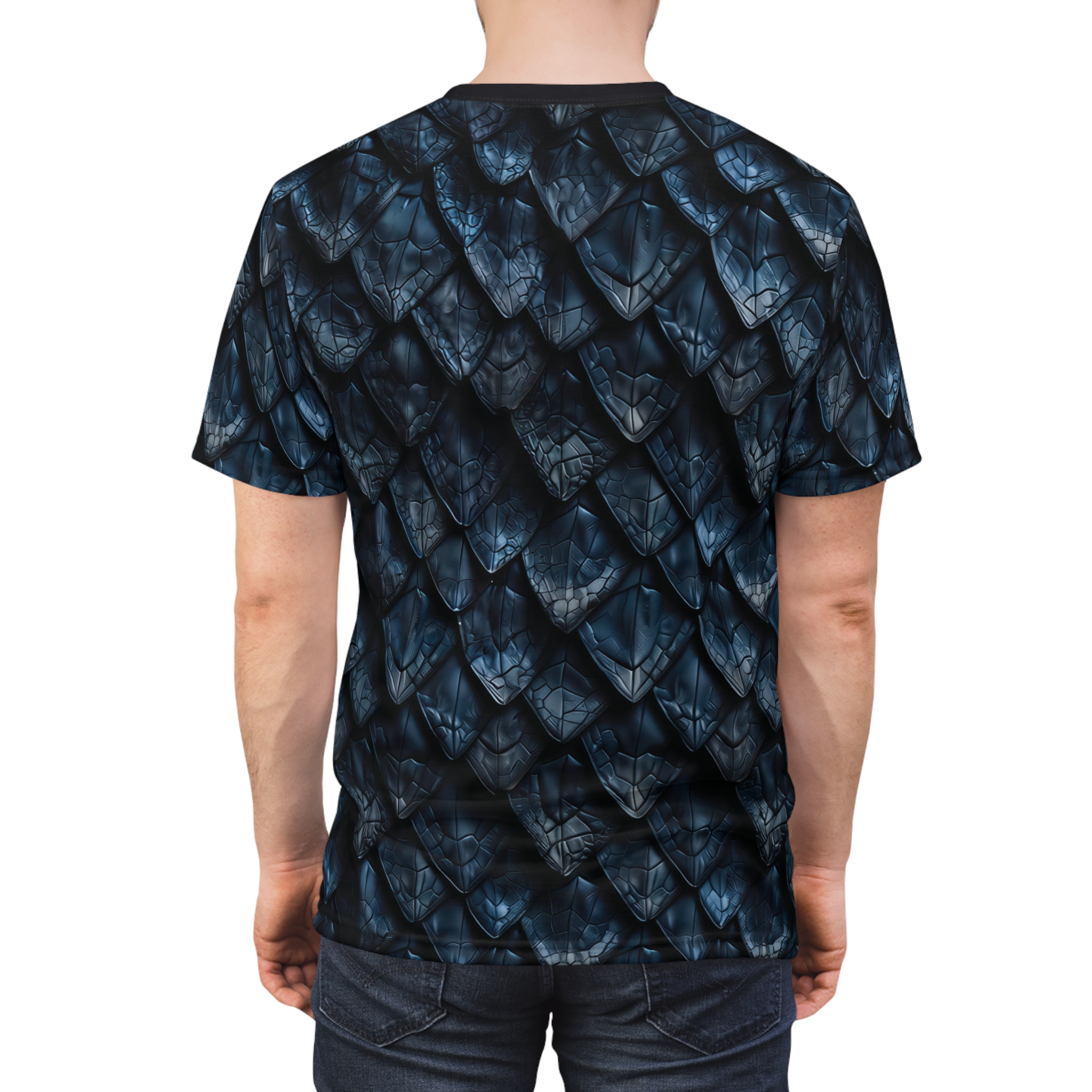 Dark blue textured dragon scales cover this 3D graphic t-shirt, with a realistic, overlapping pattern.