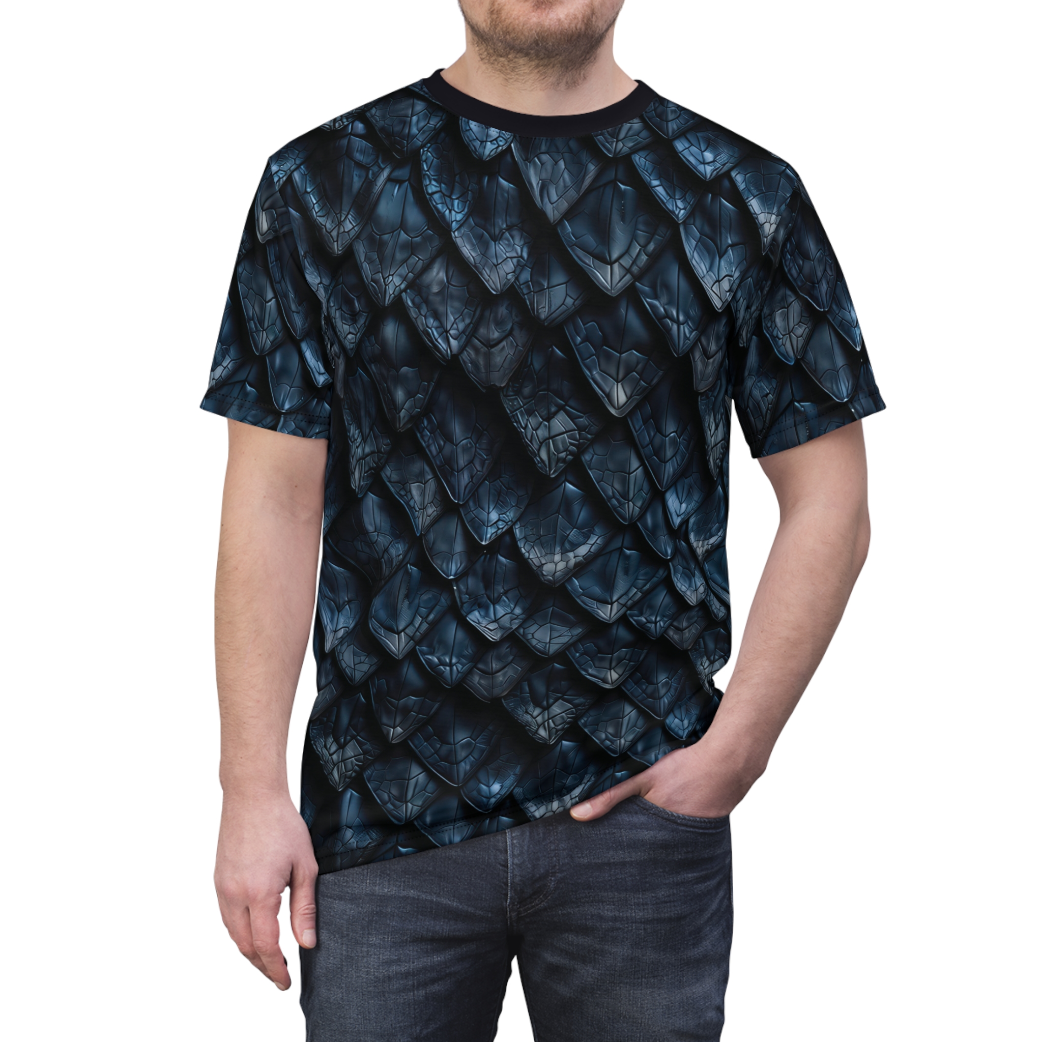 Dark blue, textured dragon scales cover this sublimation graphic tee, creating an armor-like all-over print.