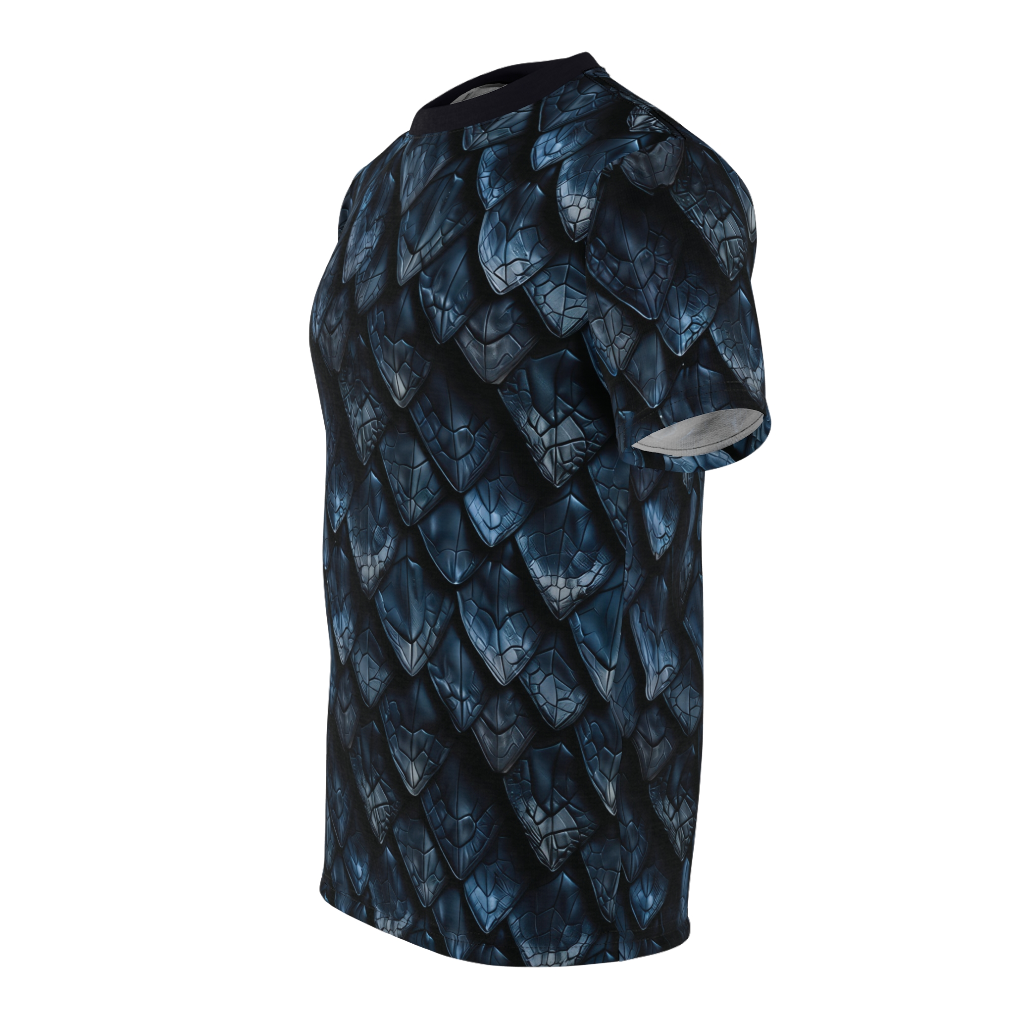 Deep blue and black textured scales cover this full print shirt with a fierce, reptilian vibe.