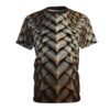 Bronze and grey textured dragon scales cover this seamless pattern tee, giving a fantasy armor look.